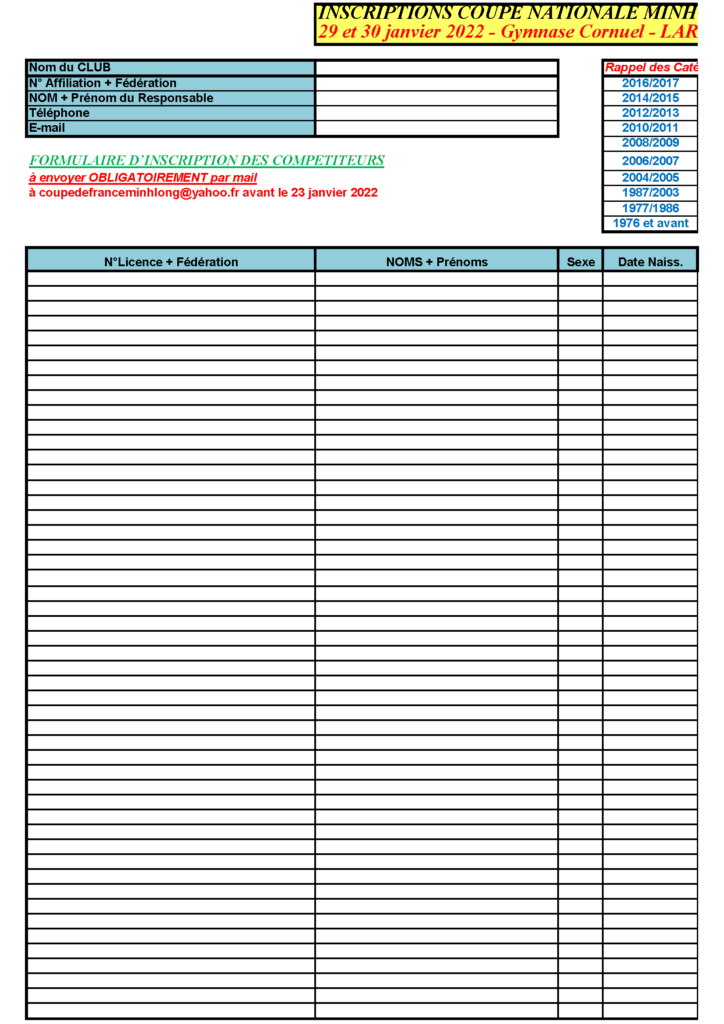 Fichier d'inscription à la Coupe Nationale Minh Long France 2022