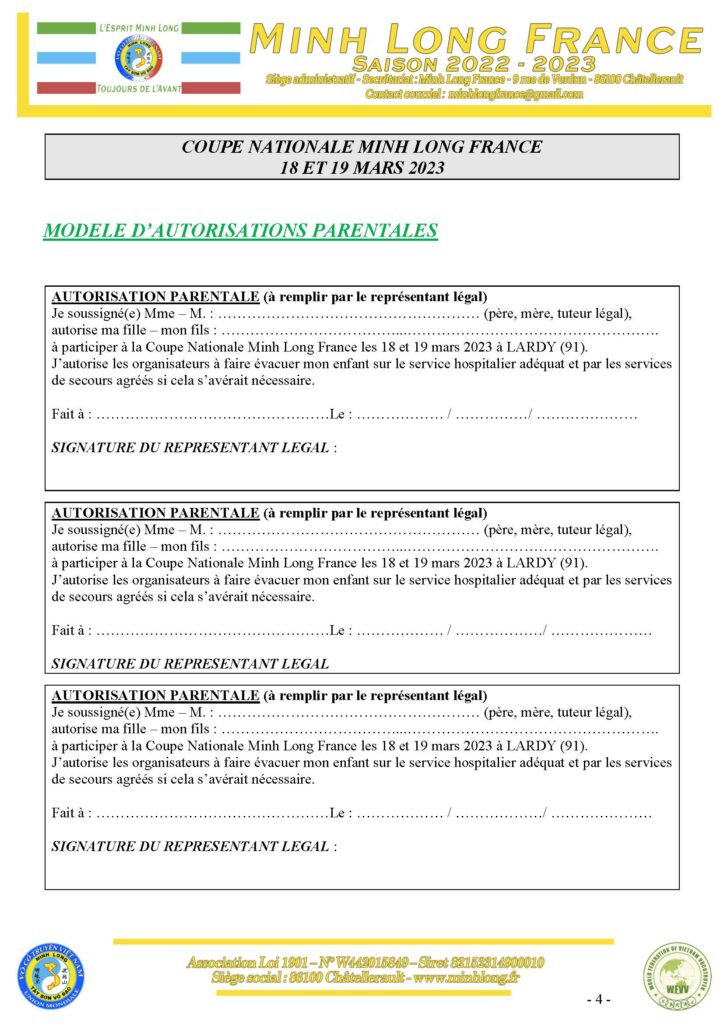 Autorisations parentales pour la participation des mineurs à la Coupe Nationale Minh Long France 2023