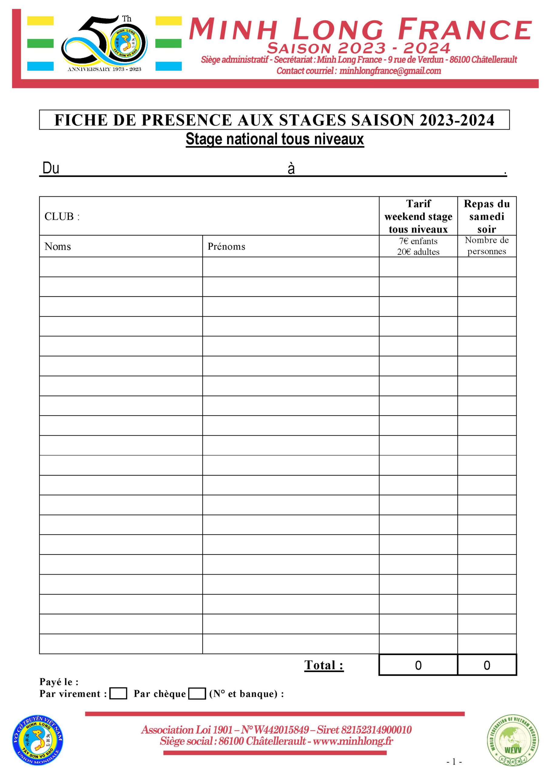 Fiche de présence stage des 7 et octobre 2023 à St Herblain