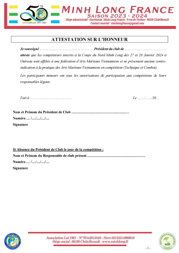 Décharge attestation assurance club non affilié FAMTV