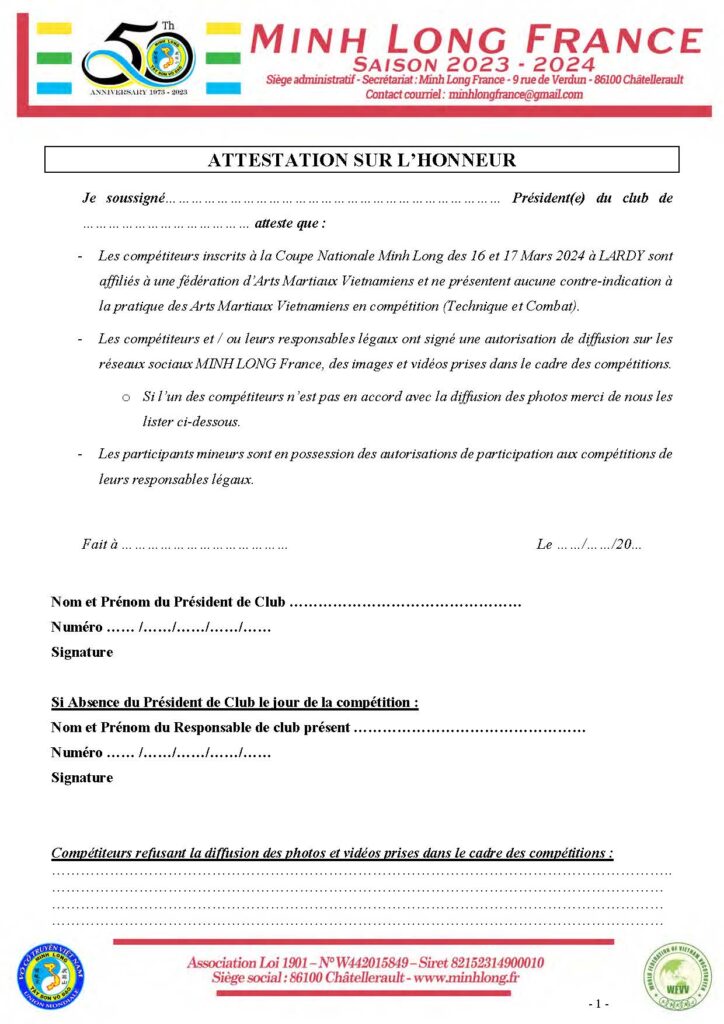 Attestation assurance Président Coupe Nationale MLF 2024