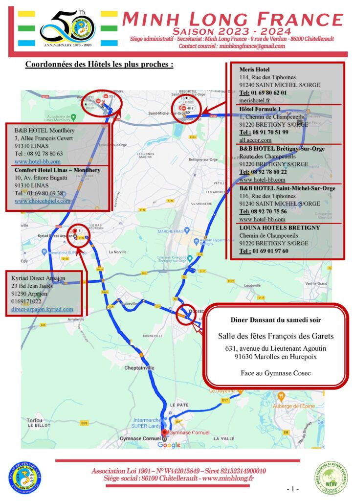 Adresses hébergements et diner dansant Gala 50 ans école Minh Long - 20 et 21 avril 2024