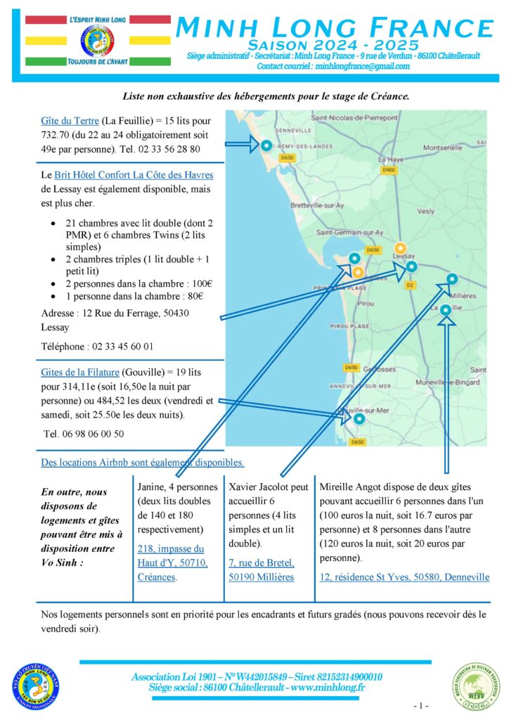 Liste des hébergements gites et personnels stage de Créances 11-2024
