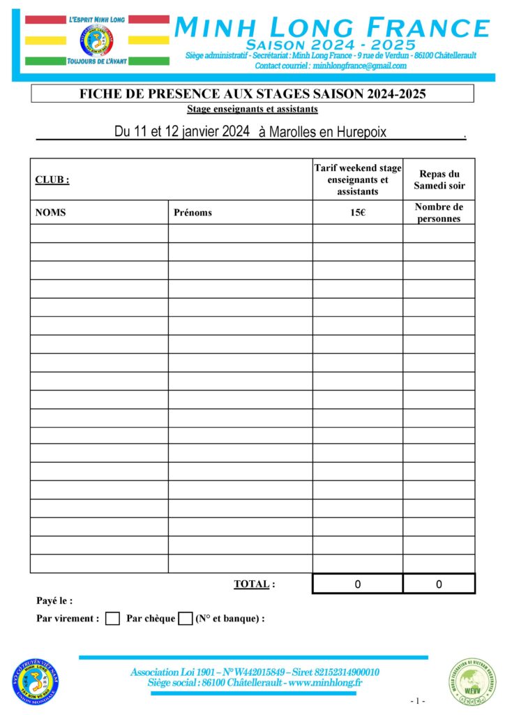 Fiche d'inscription des participants au stage enseignants et assistants du 11 et 12 janvier 2025