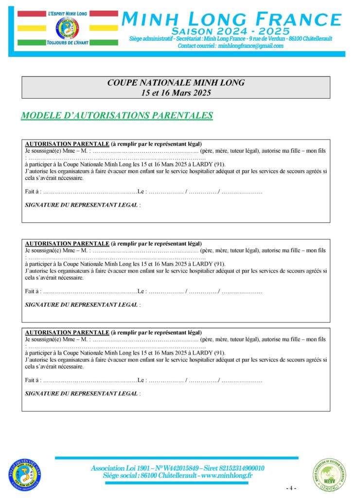 Autorisation parentale Coupe Nationale Minh Long 2025