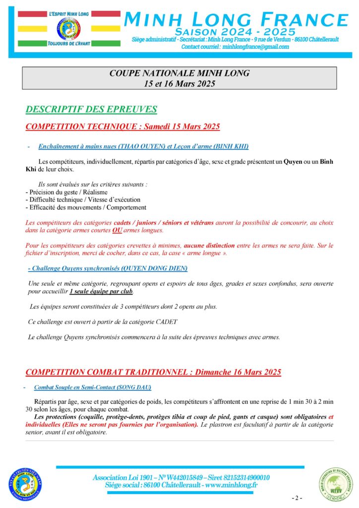 Descriptif des épreuves Coupe Nationale Minh Long 2025