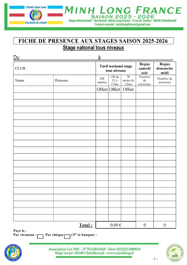 Fiche inscription stage tous niveaux