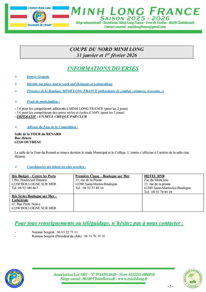Informations diverses et hôtel coupe régionale nord MLF 2026