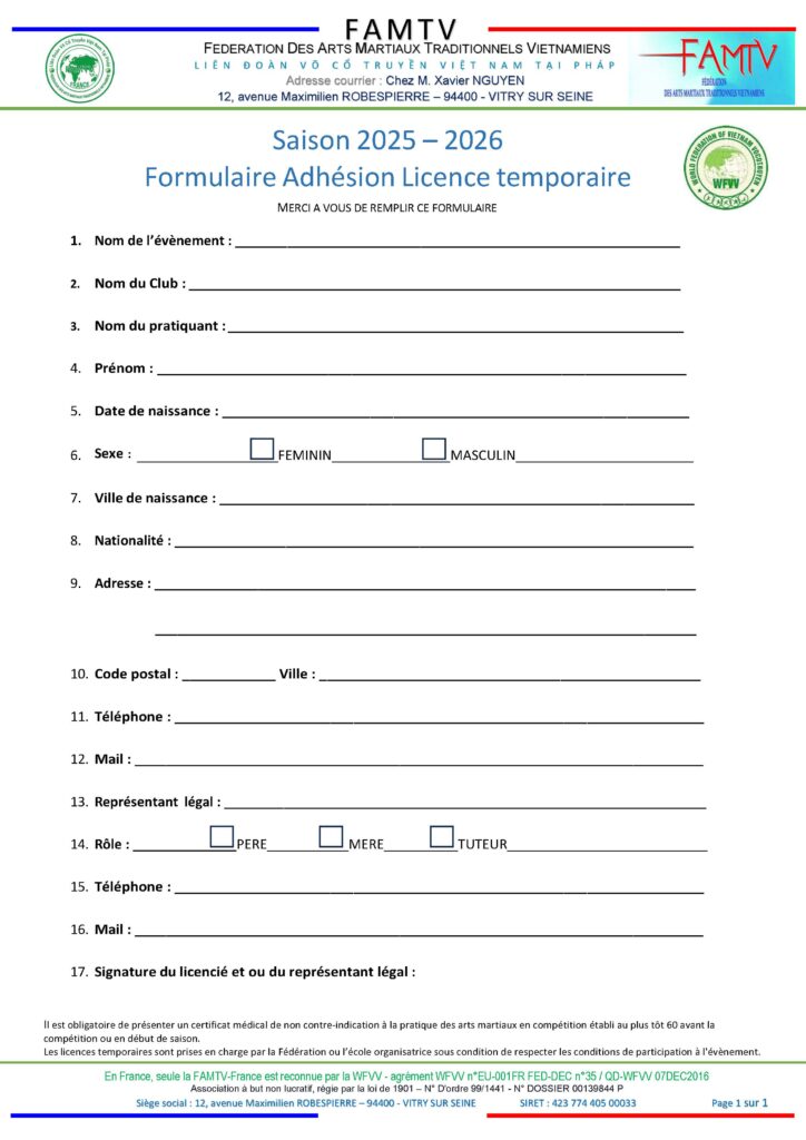 Licence temporaire assurance pour les non licenciés FAMTV