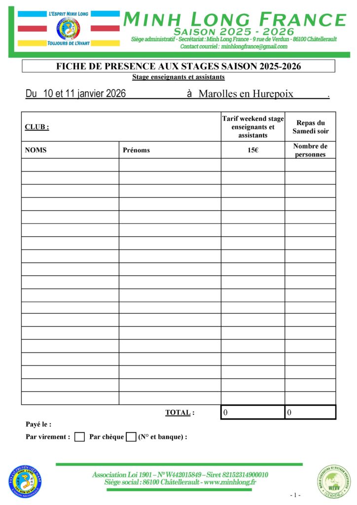 Fiche de présence au stage enseignants saison 2025-2026