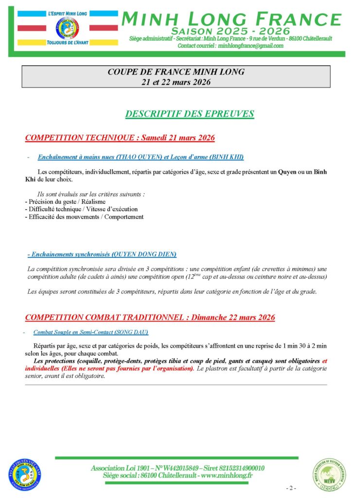 Descriptif des épreuves de la Coupe de France Minh Long / FAMTV 2026