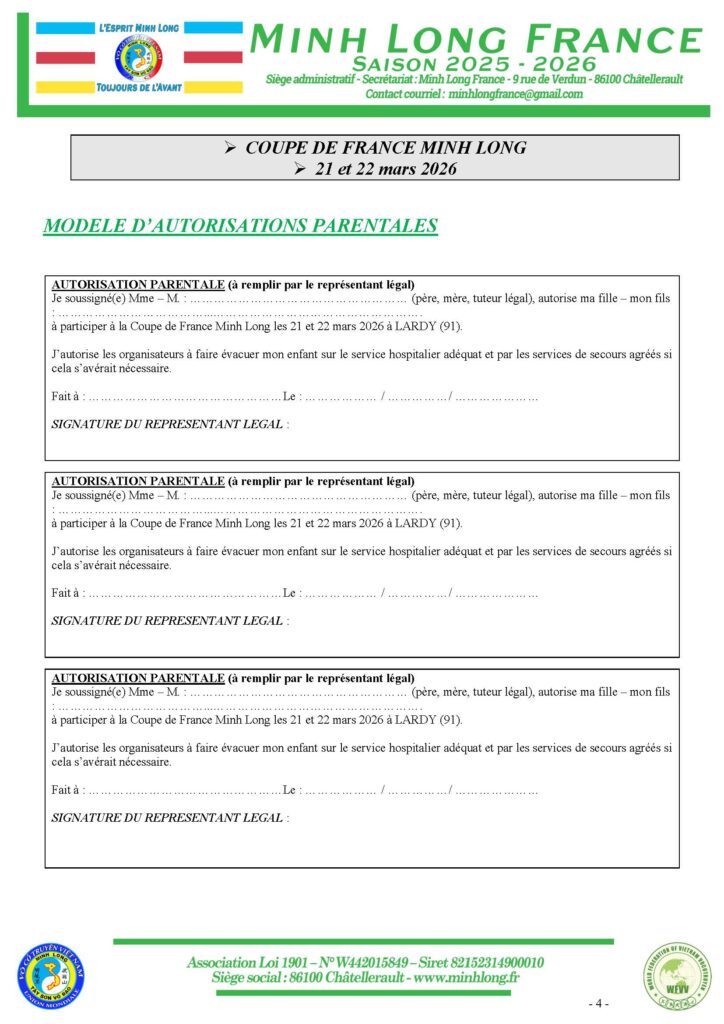 Autorisation parentale Coupe de France Minh Long / FAMTV 2026