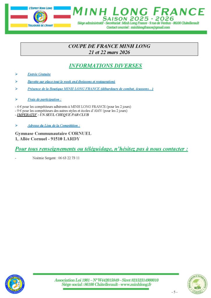 Informations Diverses Coupe de France Minh Long / FAMTV 2026