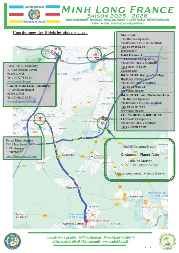 Adresses des hôtels et adresse du repas du samedi soir de la Coupe de France Minh Long / FAMTV 2026