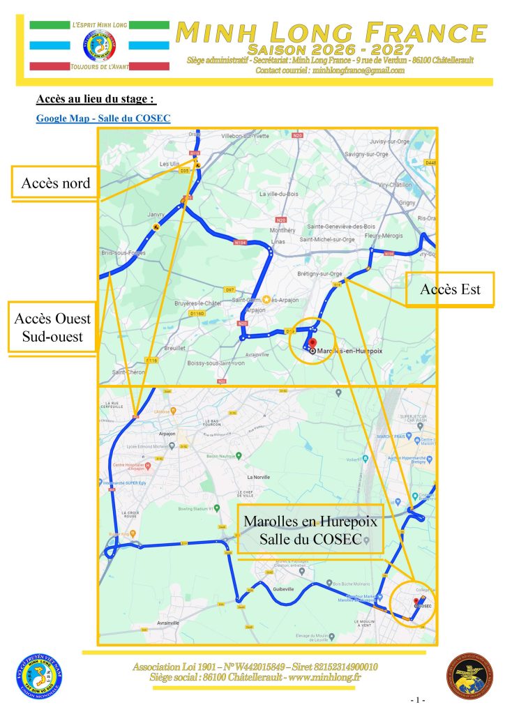 Plan d'accès pour les stages au gymnase COSEC de Marolles en Hurepoix