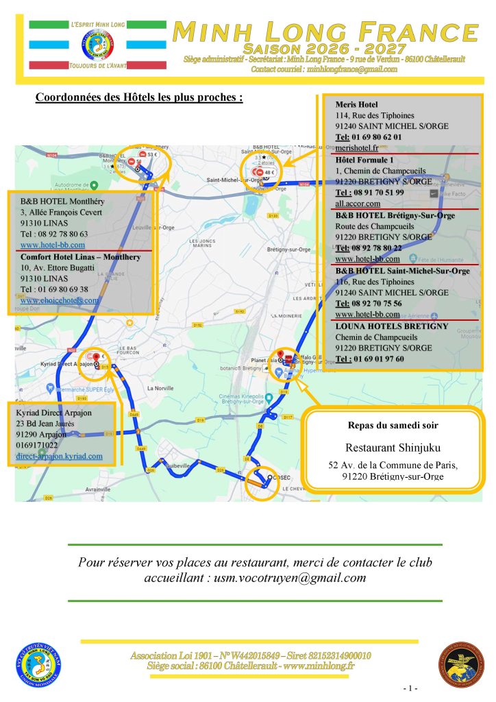 Carte des hôtels et du lieu de restauration pour les stages de Marolles en Hurepoix
