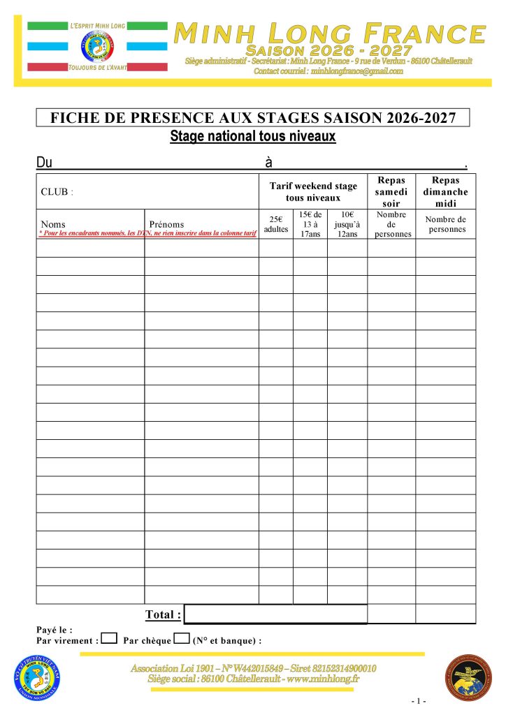 Fiche de présence aux stages tous niveaux pour la saison 2026-2027