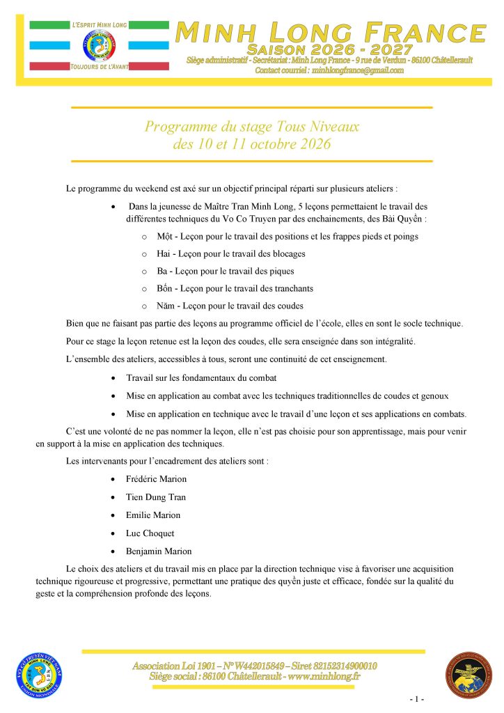 Programme du stage tous niveaux de Marolles en Hurepoix des 10 et 11 octobre 2026